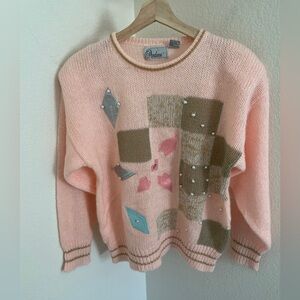 Andene Vintage 80s Pastel Geometric Sweater pink pearl size M grandmacore